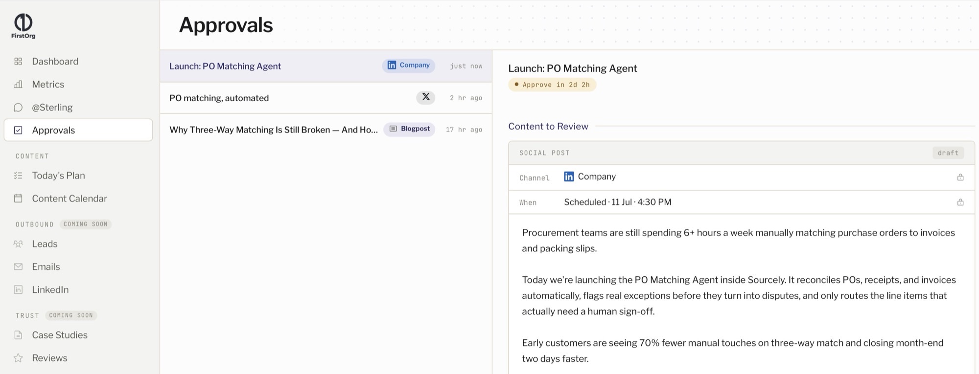FirstOrg Approvals screen showing a LinkedIn post queued for review, with its content, channel, and schedule visible before it goes live